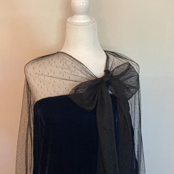 NWT BCBGMaxAzria Navy Velvet & Black Lace Sleeve Top Sz Small - Picture 3 of 11